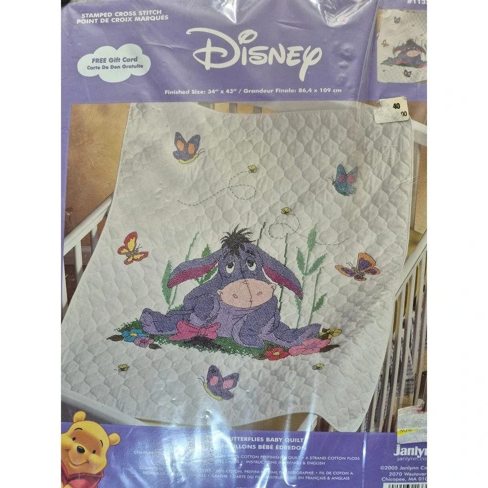 Vintage Disney Eeyore Butterflies Stamped Cross Stitch Baby Quilt Kit Janlynn